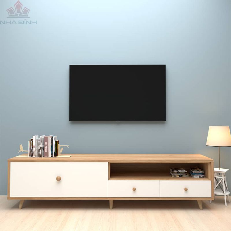 Kệ gỗ tivi với đường nét tối giản không cầu kỳ nhưng đầy cuốn hút.