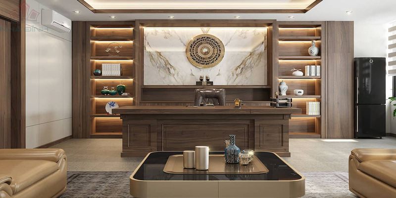Bàn làm việc giám đốc với thiết kế sang trọng và đẳng cấp, thể hiện sự quyền lực và tinh thần lãnh đạo.