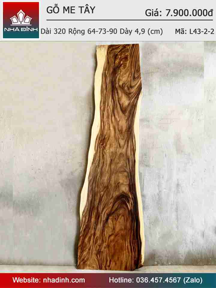 Mặt Bàn Gỗ Me Tây Nguyên Khối Dài 320 Rộng 64-73-90 Dày 4,9 (cm)