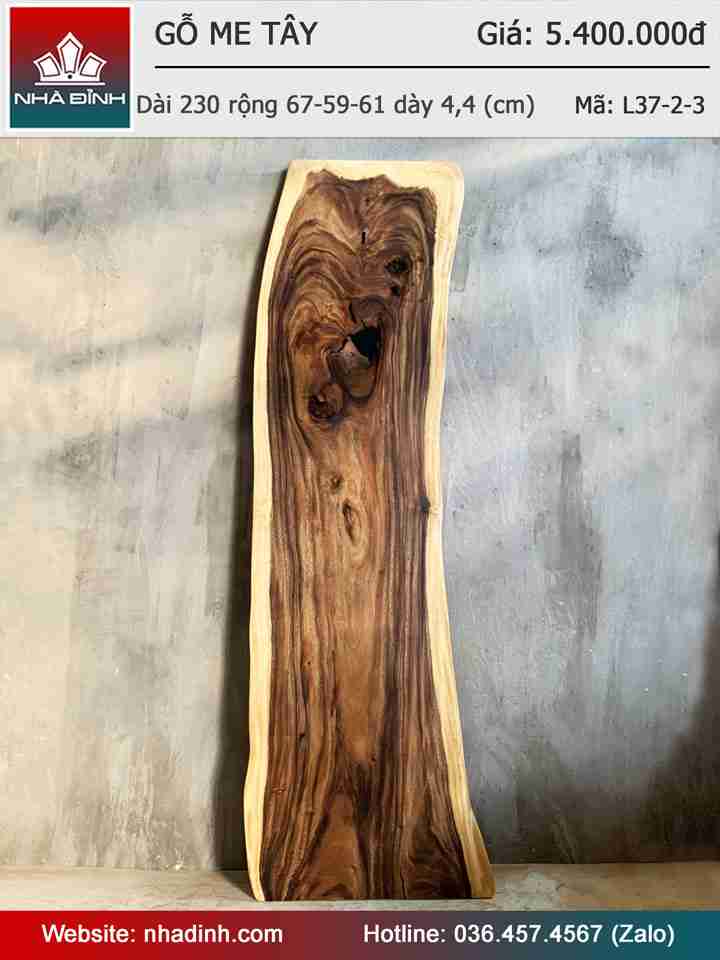 Mặt Bàn Gỗ Me Tây Nguyên Khối Dài 230 Rộng 67-59-61 Dày 4.4 (cm)
