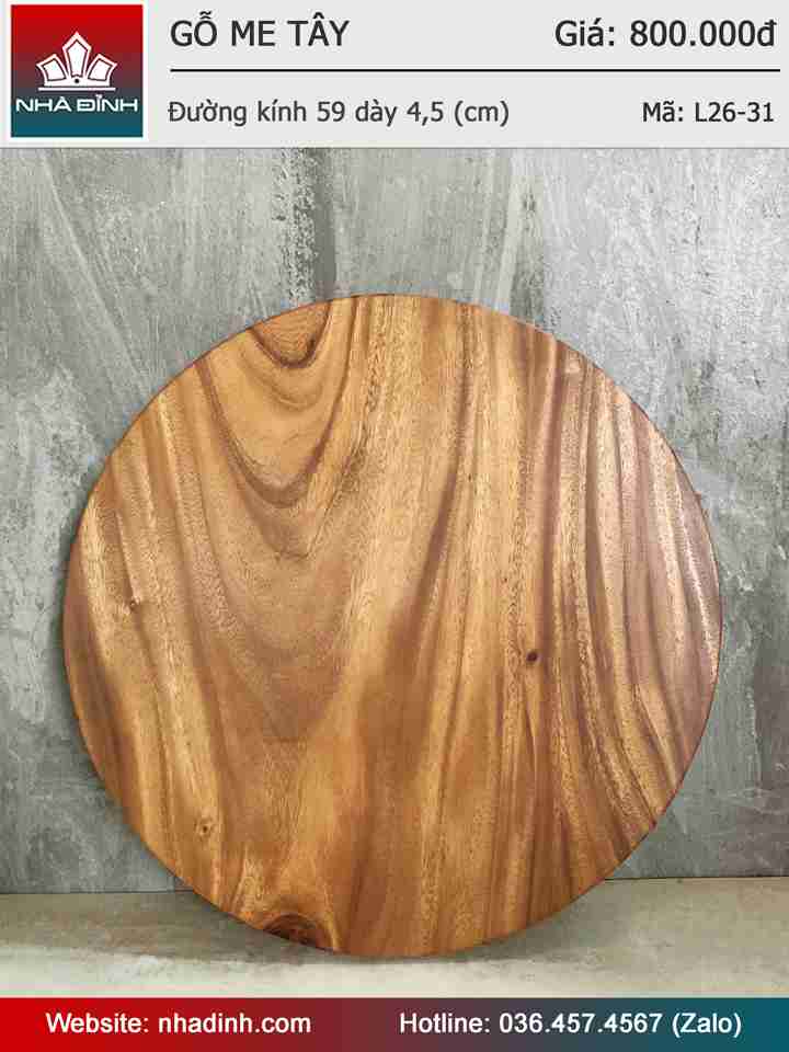 Mặt Bàn Tròn Gỗ Me Tây Nguyên Khối Đường Kính 59 Dày 4,5 (cm)
