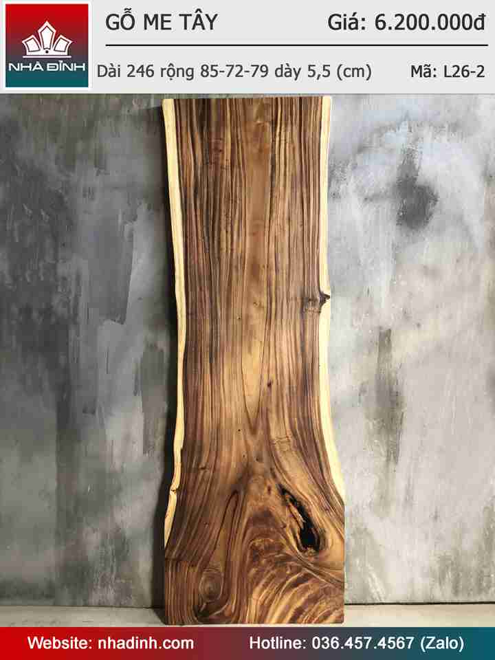 Mặt Bàn Gỗ Me Tây Nguyên Khối Dài 246 Rộng 85-72-79 Dày 5,5 (cm)