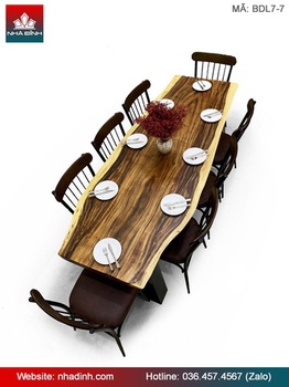 Bàn Ăn 8 Ghế Gỗ Me Tây Nguyên Khối Dài 214 Rộng 64,5-77-80 Dày 5 (cm)